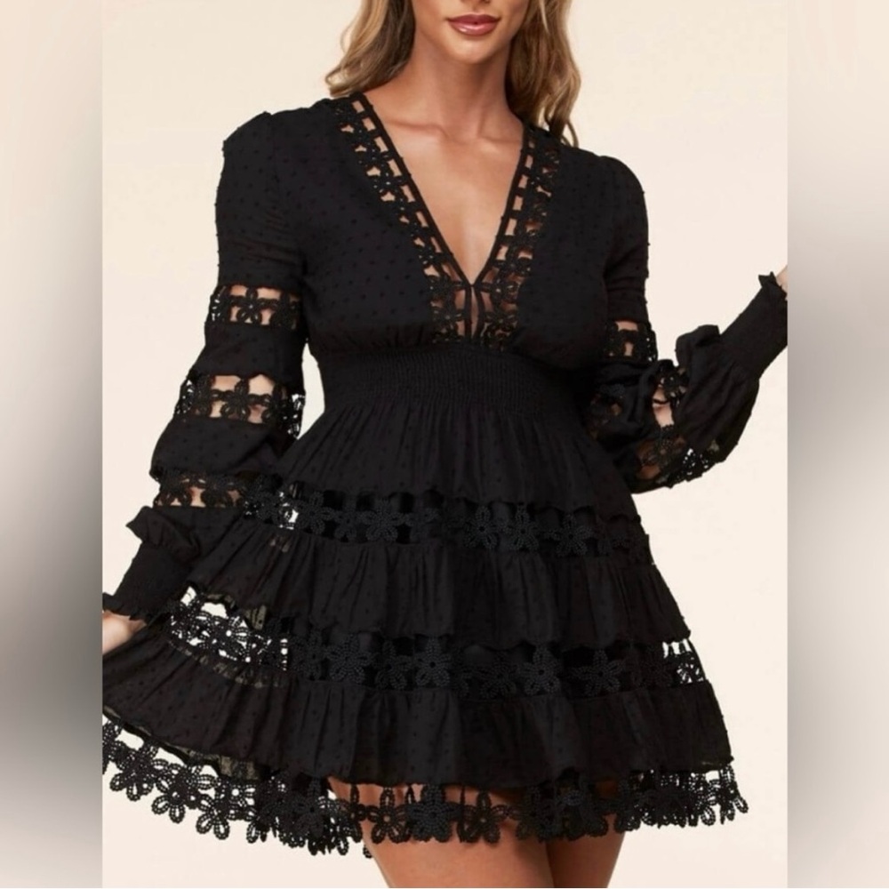 Black Babydoll Dress with Bishop Sleeves and V-Neck